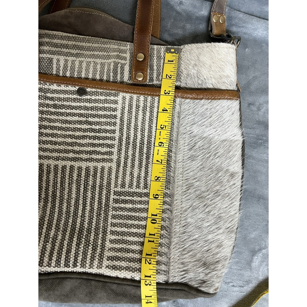 Myra Mixed Media Large Tote Canvas & Leather Cowhide Crossbody Boho Work Bag - Picture 15 of 16